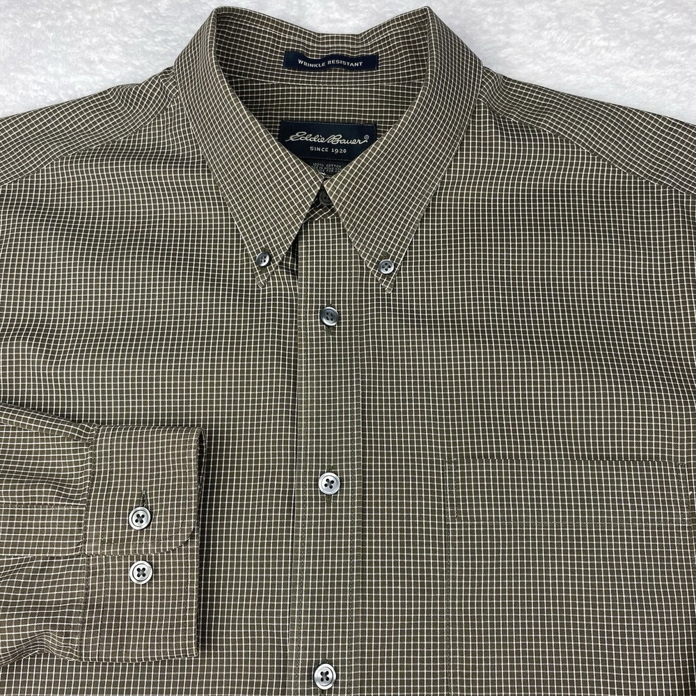 Eddie Bauer Shirt Mens Large Olive Checks Regular Fit Wrinkle Resistant‎